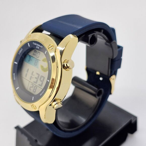 43MM Caribbean Joe Men's Digital Watch Alarm Chrono Gold Case Blue Plastic Bands - Picture 3 of 15